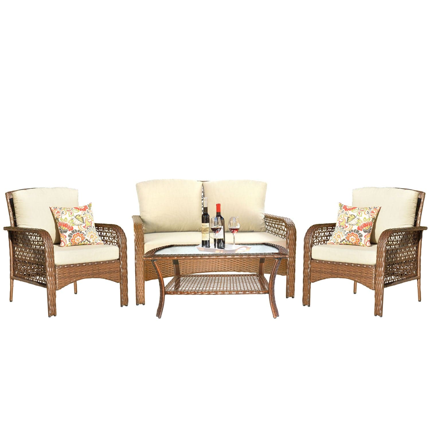 Ovios Patio Furniture 4-Piece High Back Brown Wicker Set with Cushion