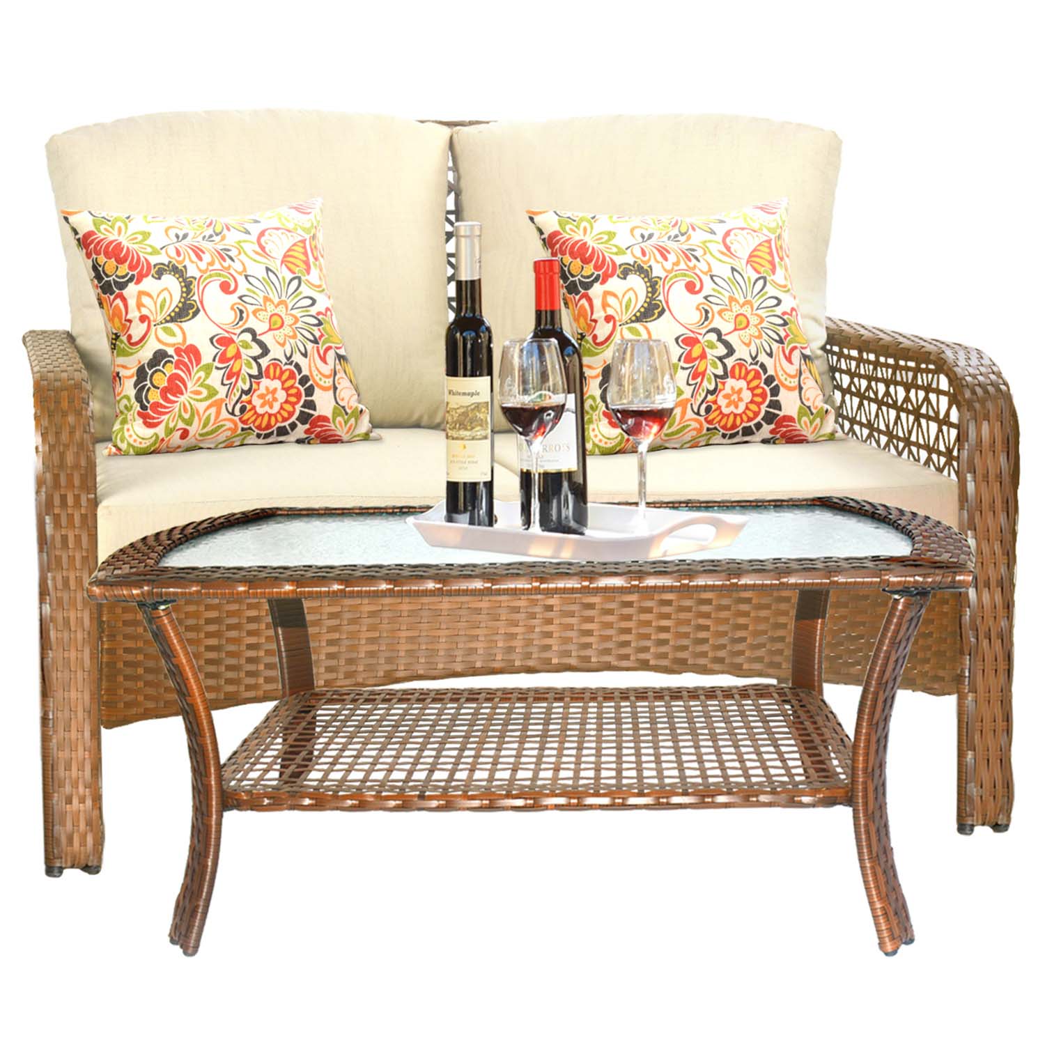 Ovios Patio Furniture 4-Piece High Back Brown Wicker Set with Cushion