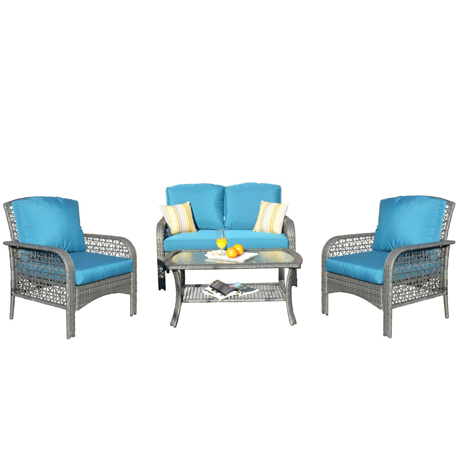 Ovios Patio Furniture Sets 4 Piece High Back Grey Wicker Blue Cushion