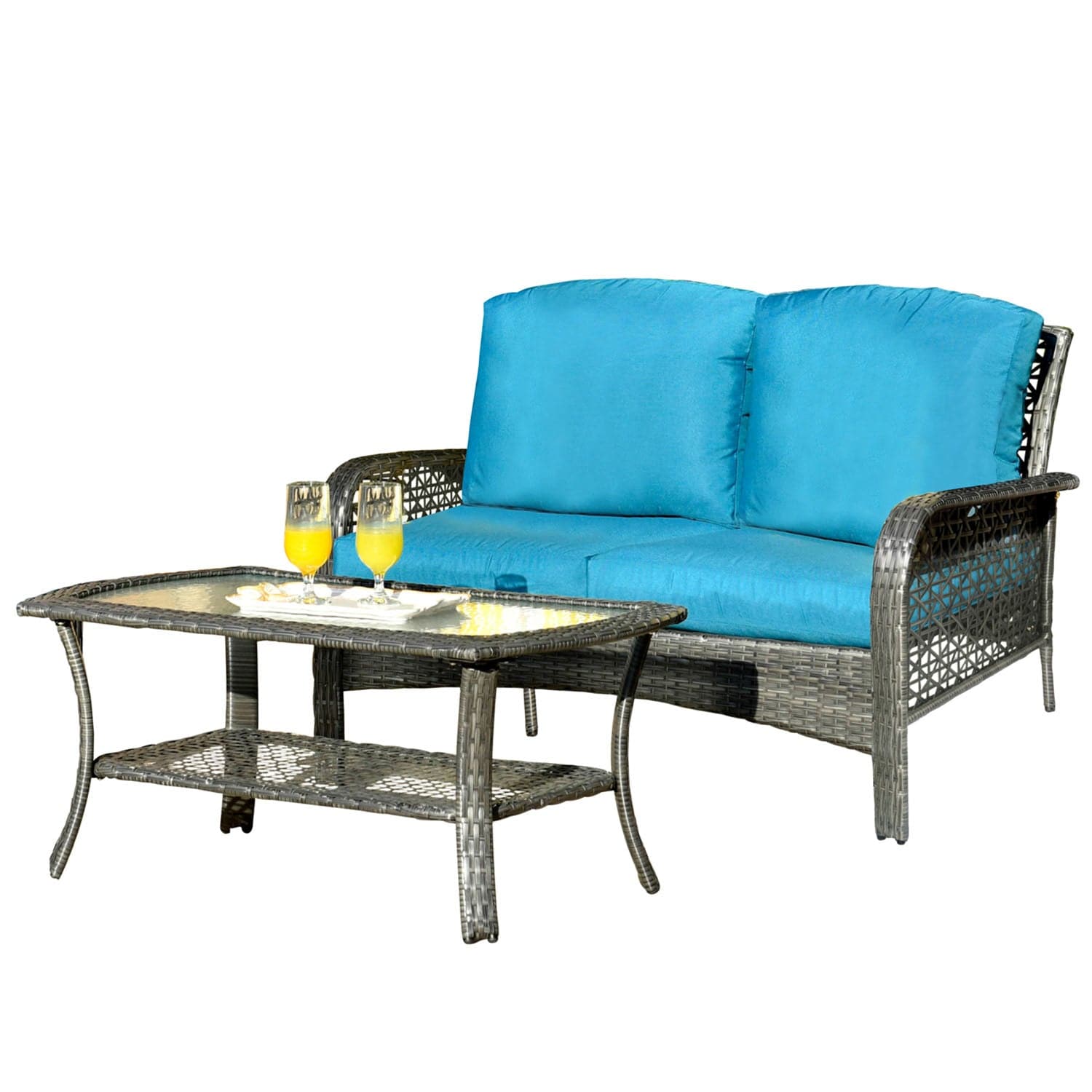 Ovios Patio Furniture Sets 4 Piece High Back Grey Wicker Blue Cushion