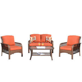 Ovios Patio Furniture 4-Piece High Back Brown Wicker Set with Cushion