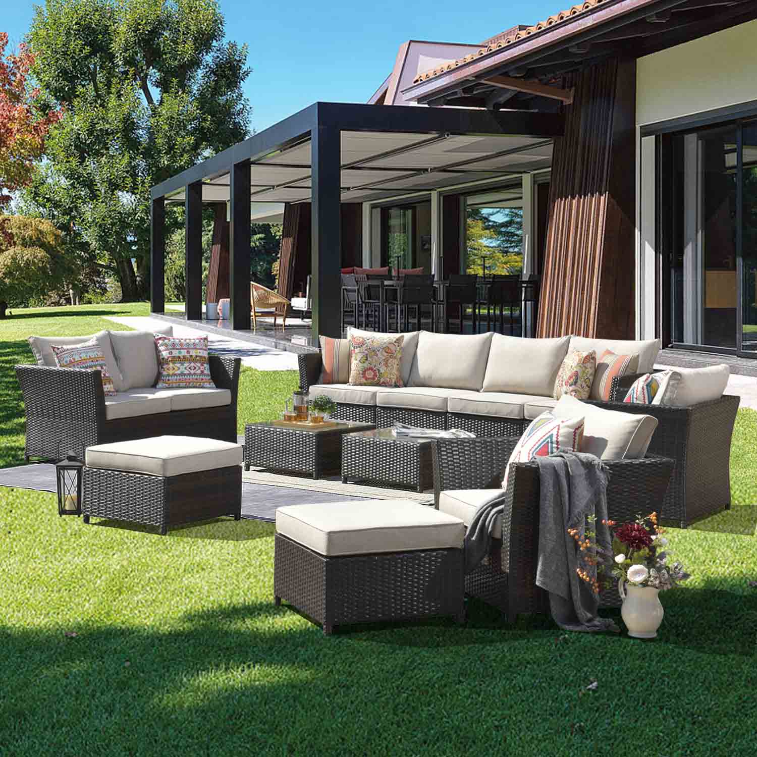 Ovios Patio Conversation Set Rimaru 12-Piece with 4 Pillows, No Assembly Required