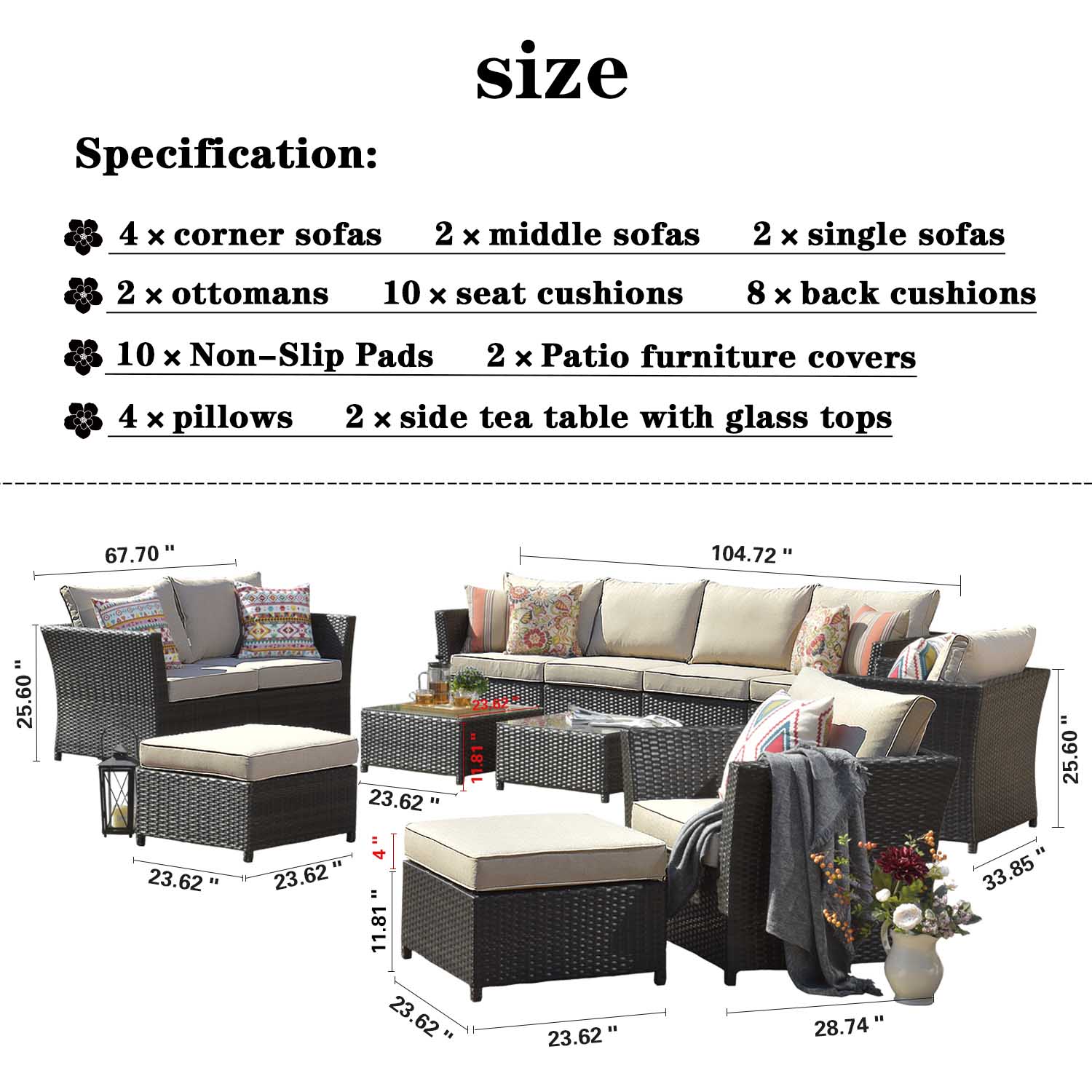 Ovios Patio Conversation Set Rimaru 12-Piece with 4 Pillows, No Assembly Required