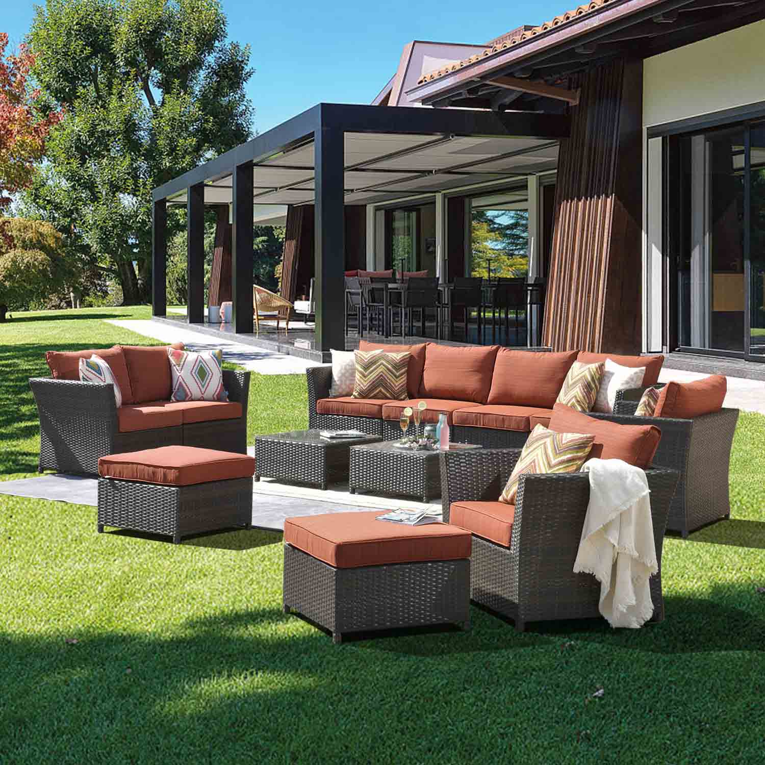 Ovios Patio Conversation Set Rimaru 12-Piece with 4 Pillows, No Assembly Required