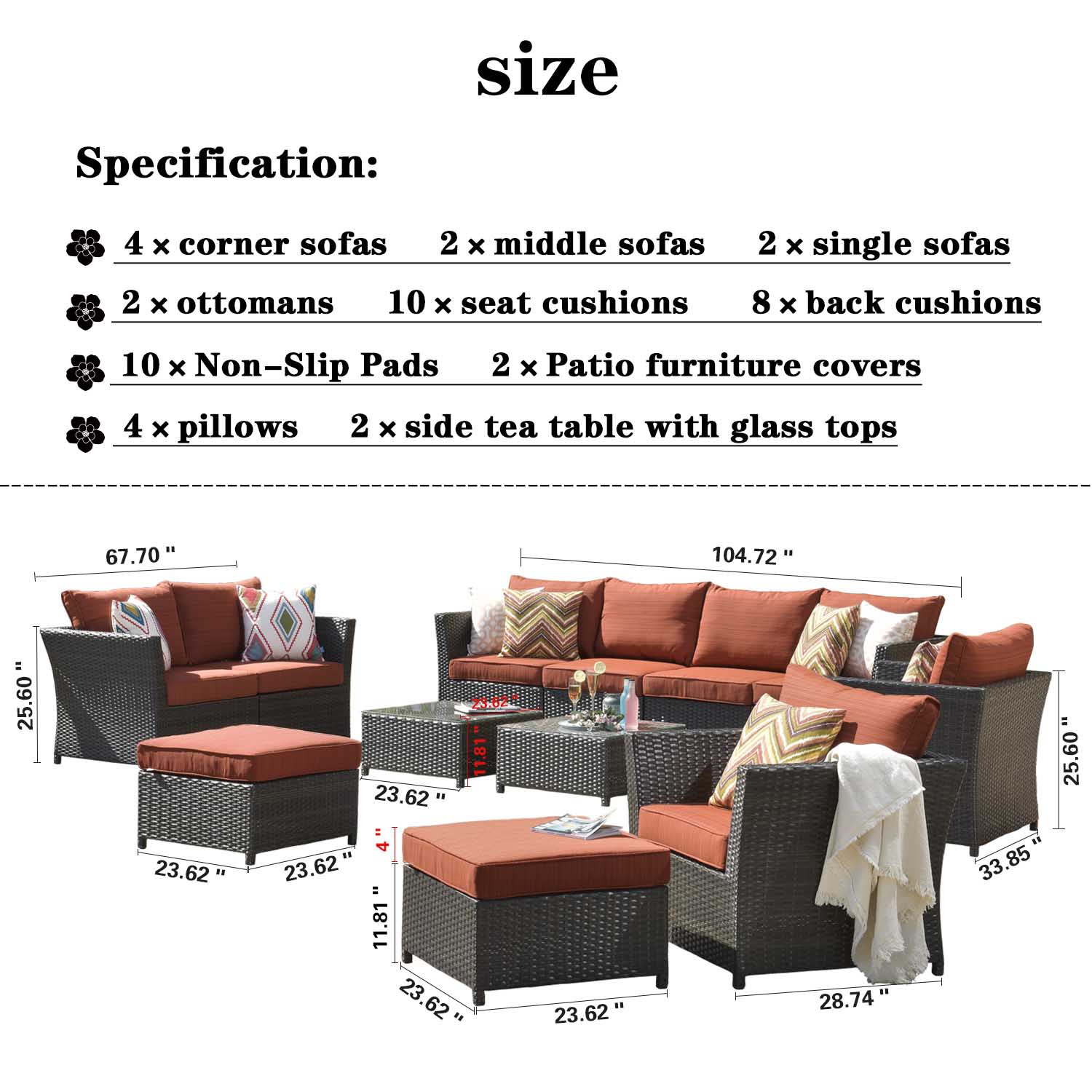 Ovios Patio Conversation Set Rimaru 12-Piece with 4 Pillows, No Assembly Required