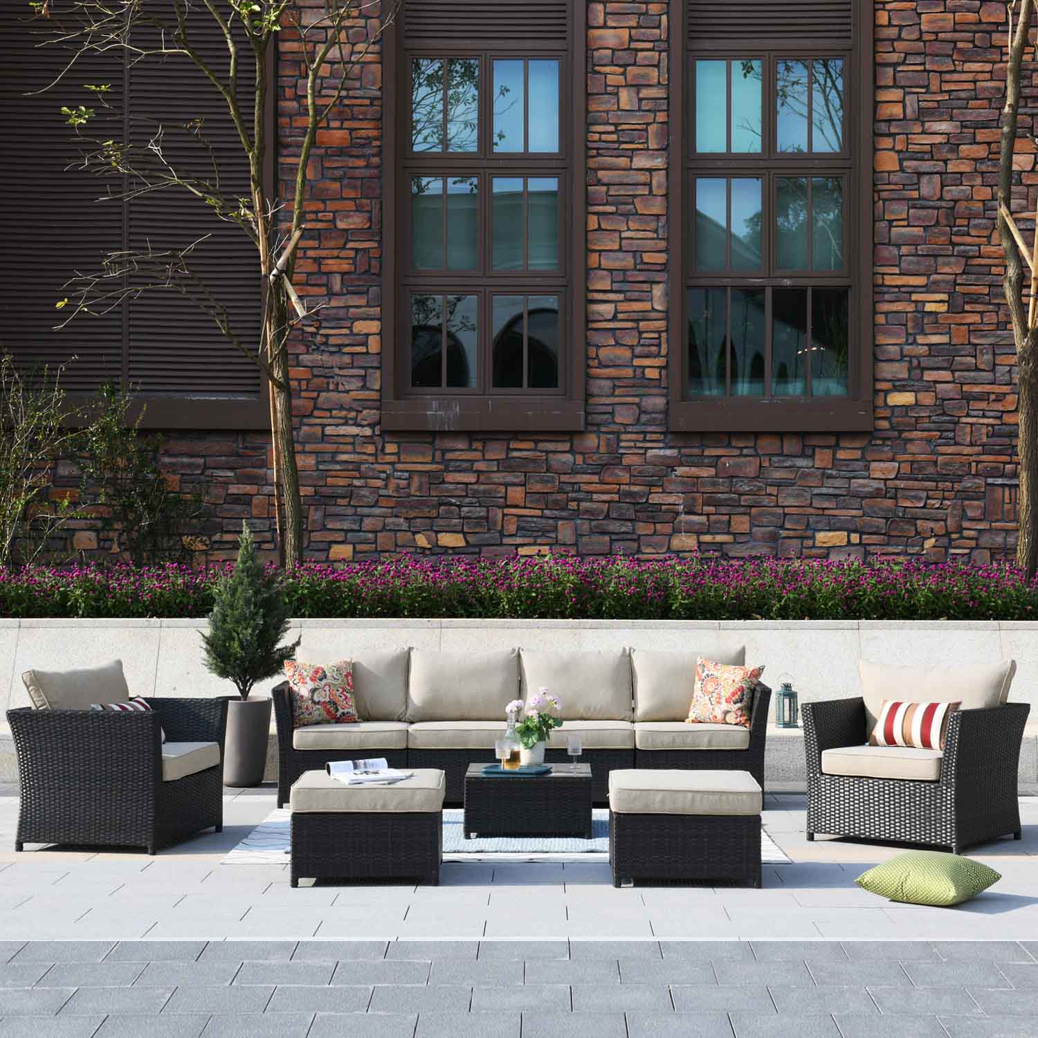 Ovios Patio Conversation Set Rimaru 9-Piece with 2 Chairs and 2 Pillows, No Assembly Required