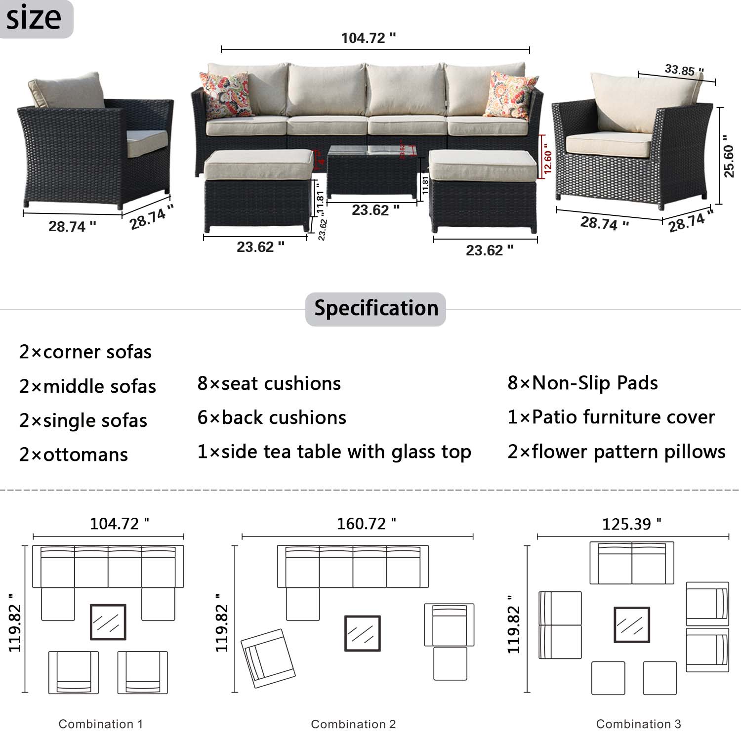 Ovios Patio Conversation Set Rimaru 9-Piece with 2 Chairs and 2 Pillows, No Assembly Required