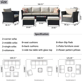 Ovios Patio Conversation Set Rimaru 9-Piece with 2 Chairs and 2 Pillows, No Assembly Required