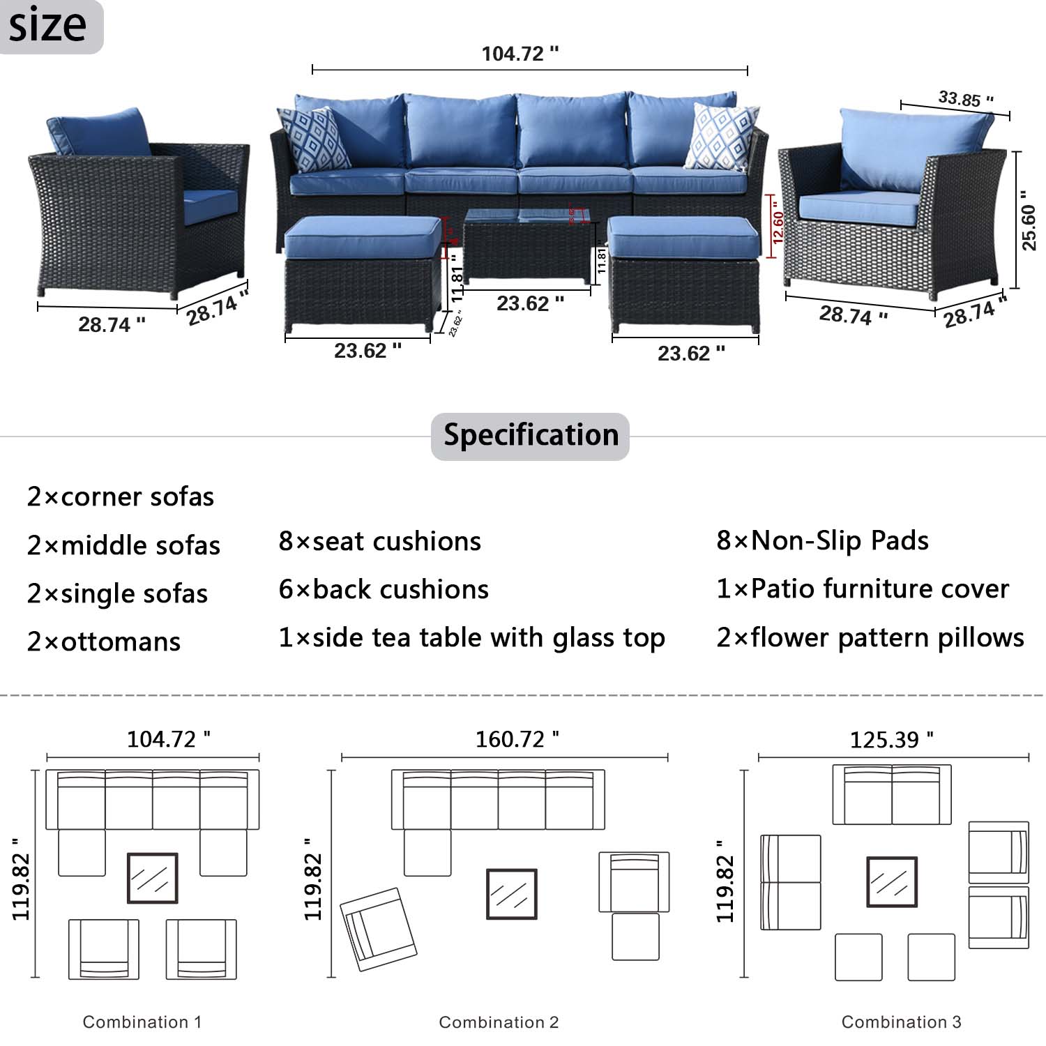 Ovios Patio Conversation Set Rimaru 9-Piece with 2 Chairs and 2 Pillows, No Assembly Required