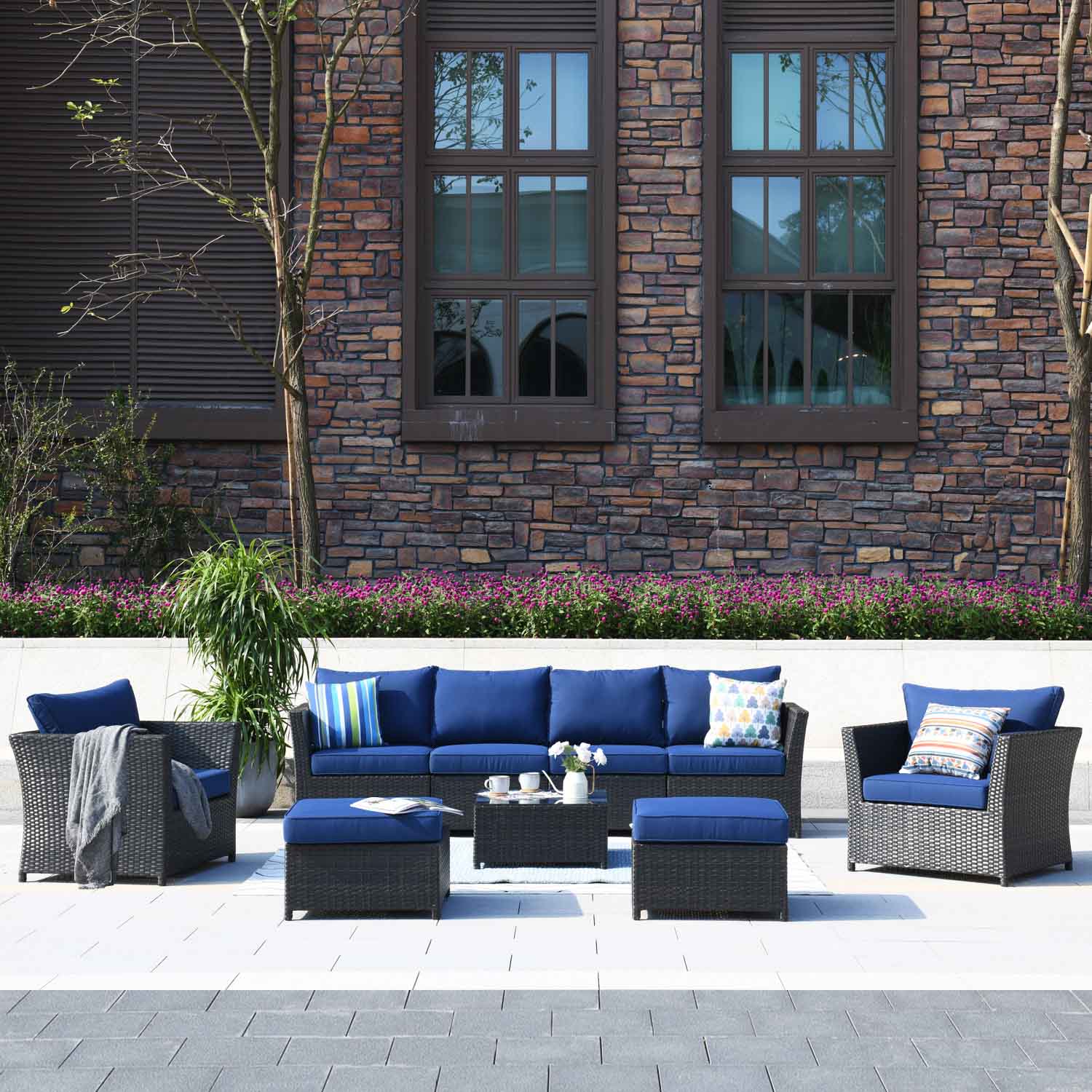 Ovios Patio Conversation Set Rimaru 9-Piece with 2 Chairs and 2 Pillows, No Assembly Required