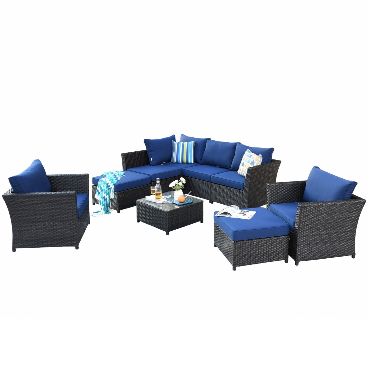 Ovios Patio Conversation Set Rimaru 9-Piece with 4 Pillows, Fully Assembled