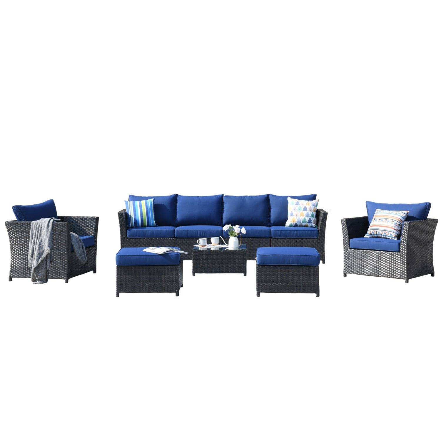 Ovios Patio Conversation Set Rimaru 9-Piece with 4 Pillows, No Assembly Required