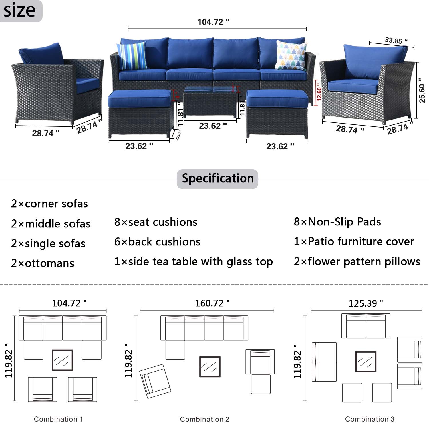 Ovios Patio Conversation Set Rimaru 9-Piece with 4 Pillows, No Assembly Required