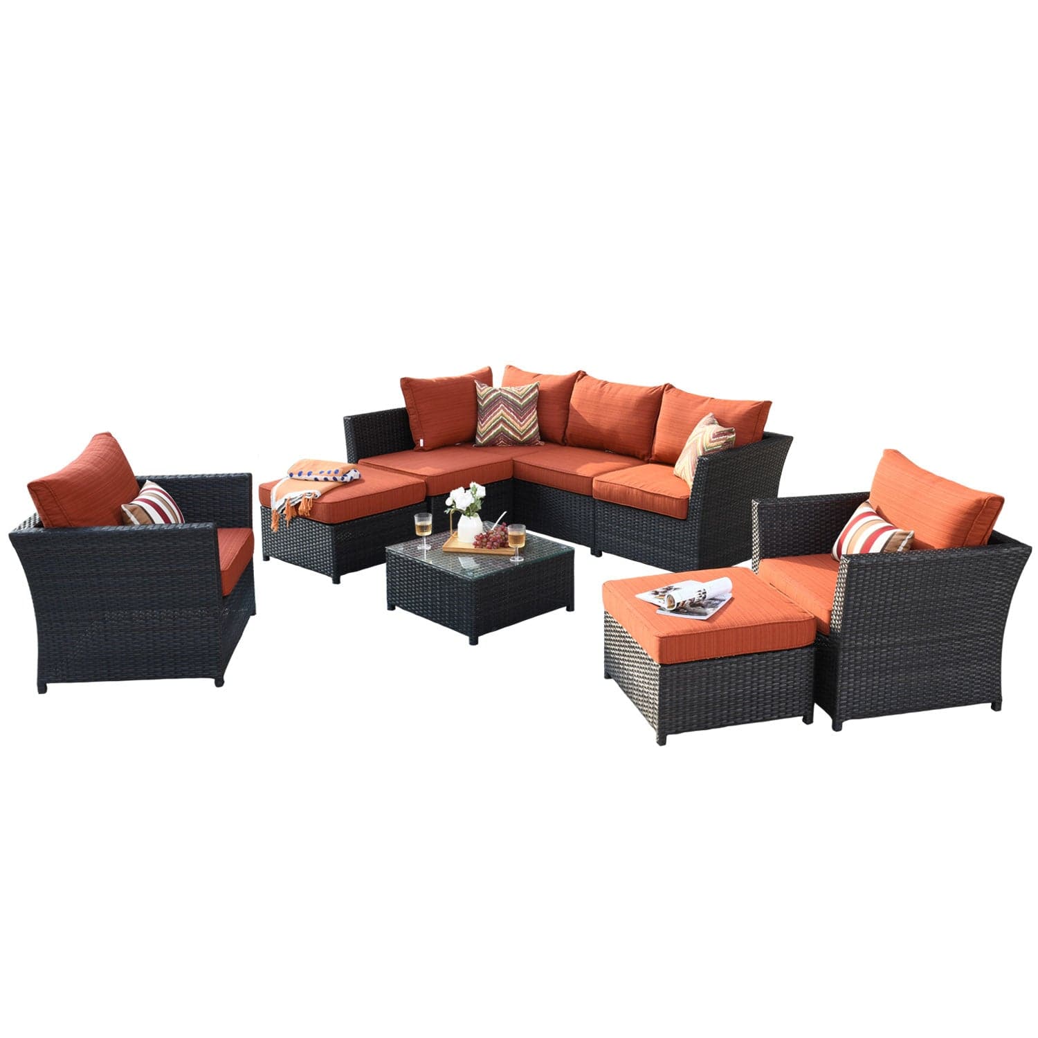Ovios Patio Conversation Set Rimaru 9-Piece with 2 Chairs and 2 Pillows, No Assembly Required
