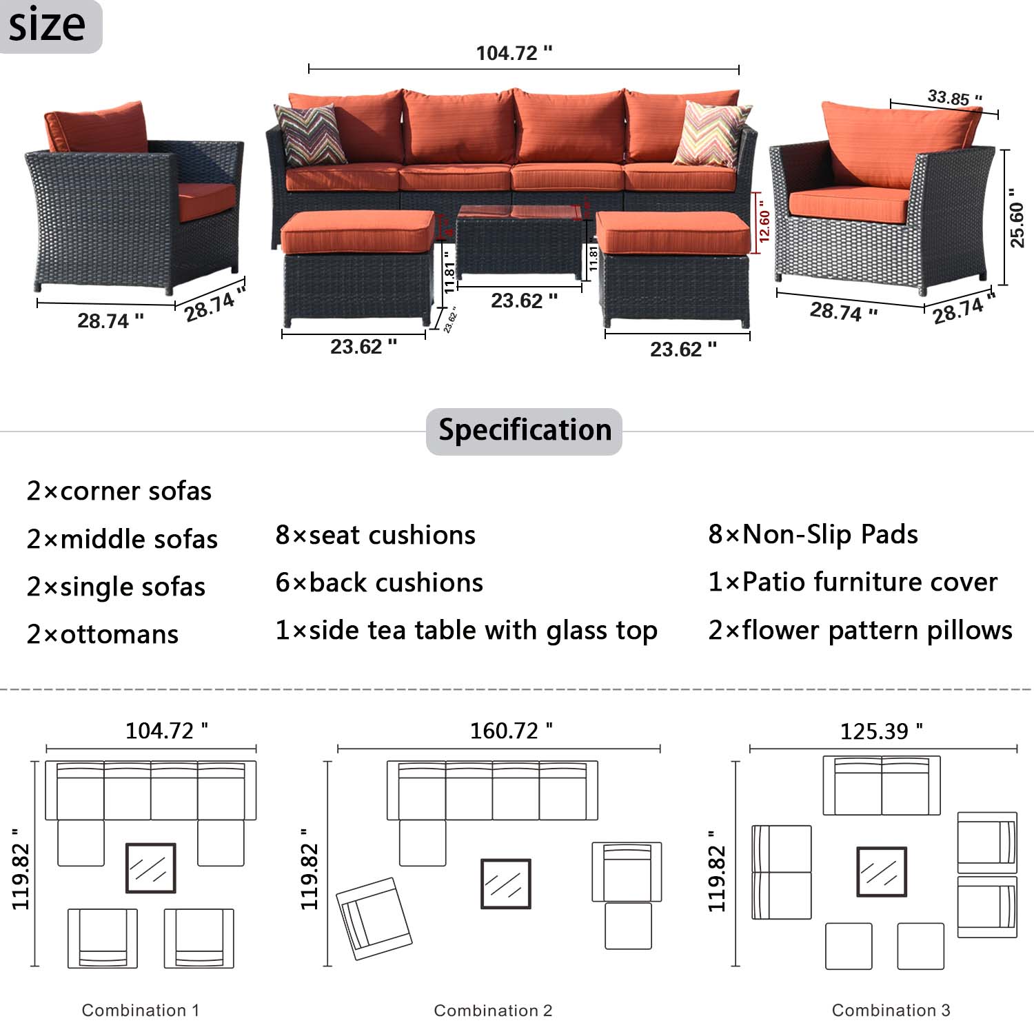 Ovios Patio Conversation Set Rimaru 9-Piece with 2 Chairs and 2 Pillows, No Assembly Required