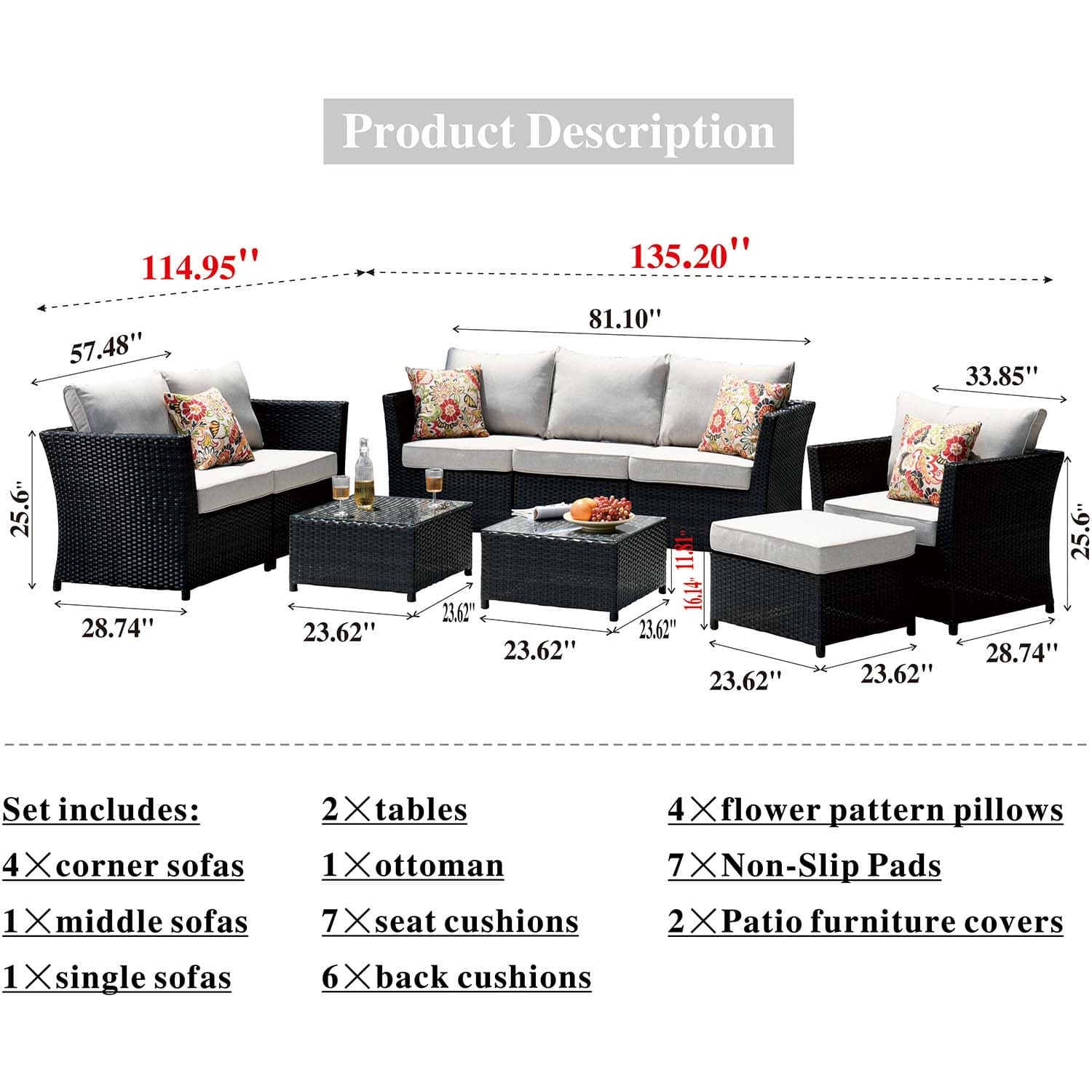 Ovios Patio Conversation Set Rimaru 9-Piece with 4 Pillows, No Assembly Required