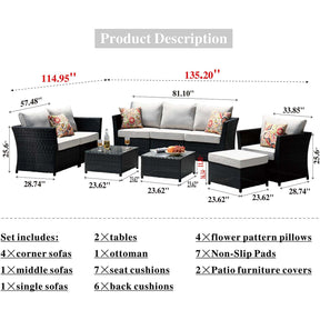 Ovios Patio Conversation Set Rimaru 9-Piece with 4 Pillows, No Assembly Required