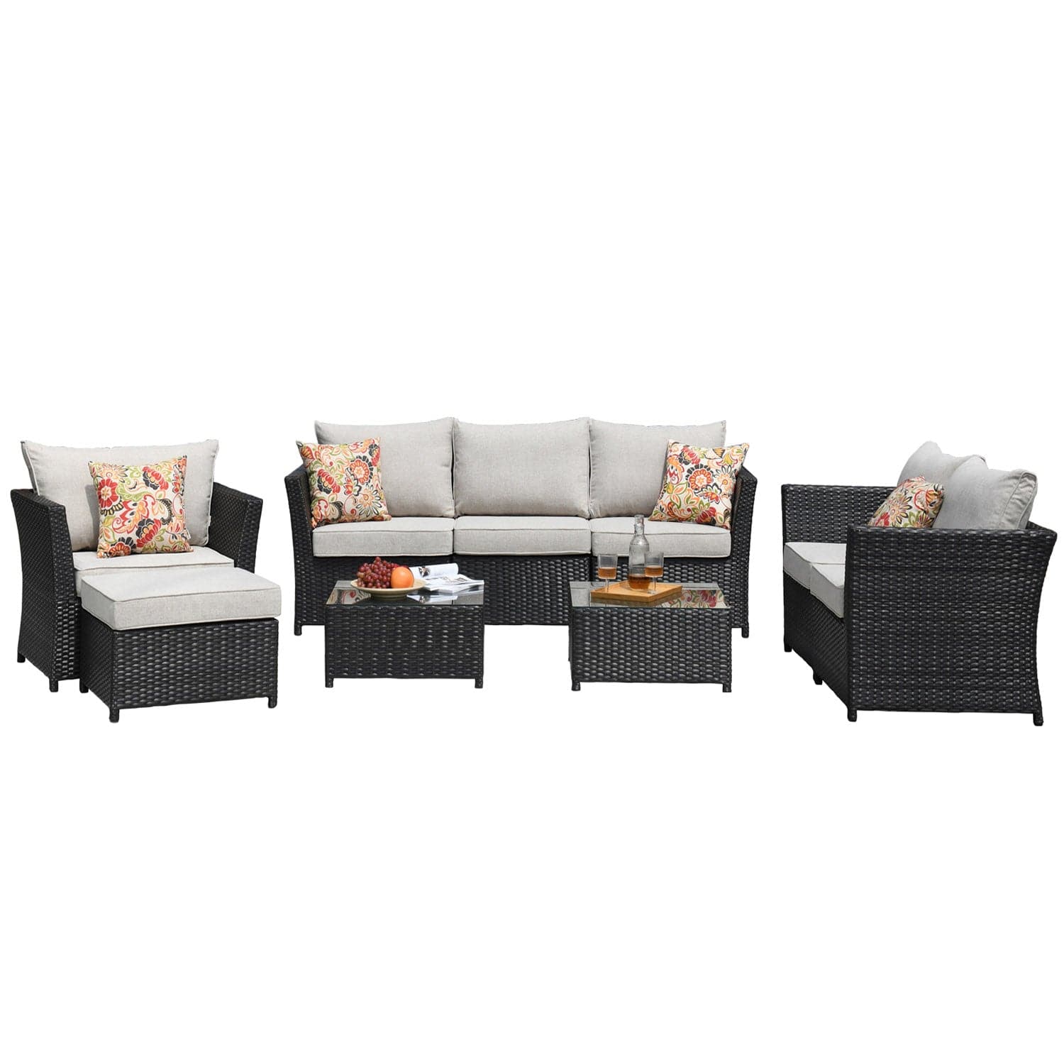 Ovios Patio Conversation Set Rimaru 9-Piece with 4 Pillows, Fully Assembled