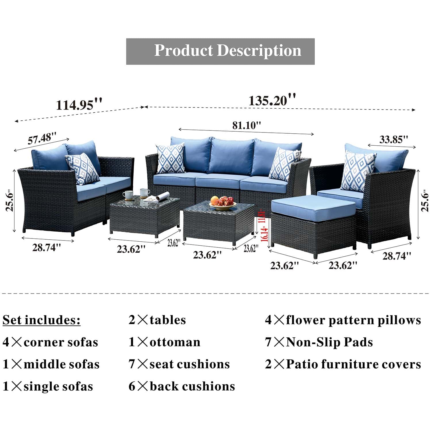 Ovios Patio Conversation Set Rimaru 9-Piece with 4 Pillows, Fully Assembled