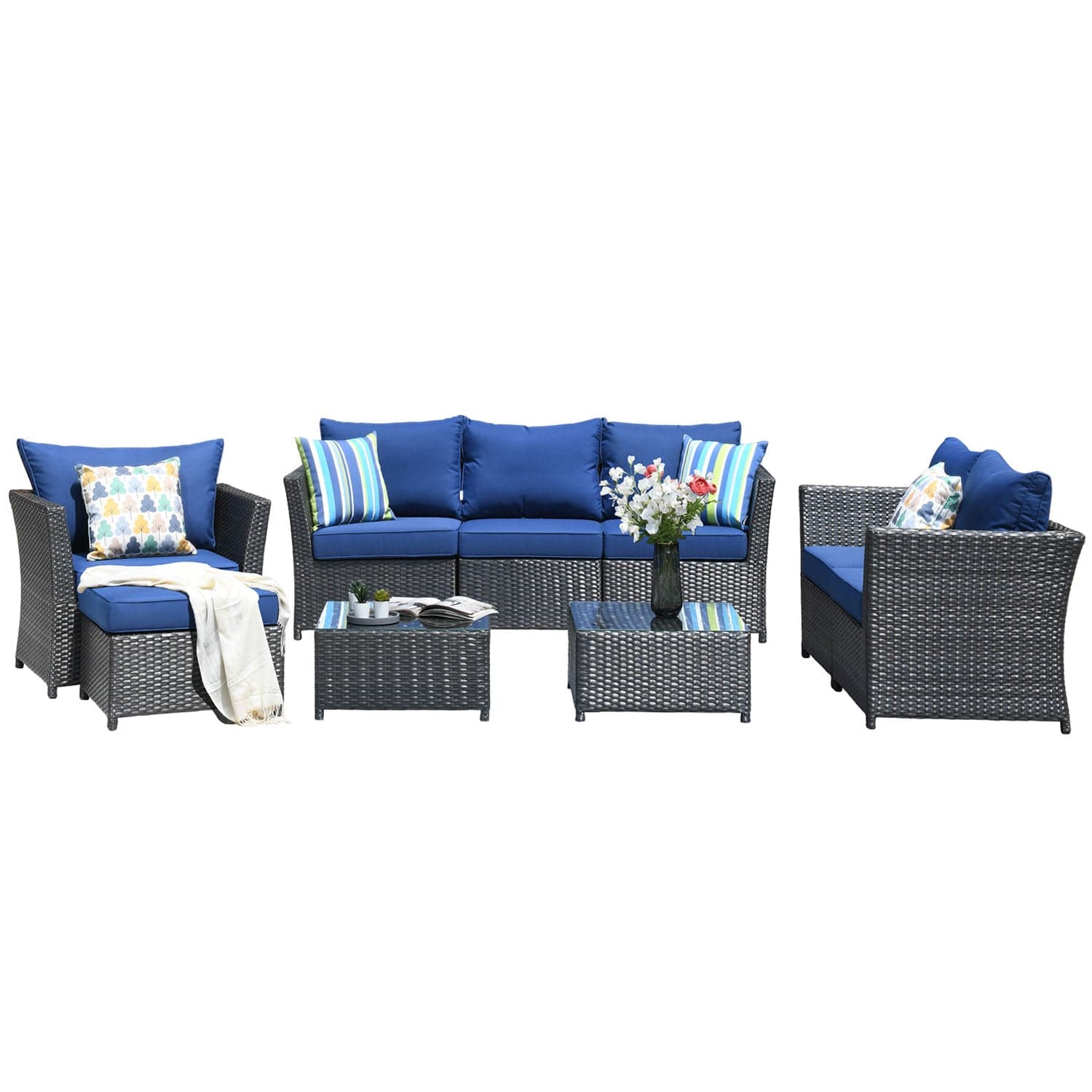 Ovios Patio Conversation Set Rimaru 9-Piece with 4 Pillows, Fully Assembled