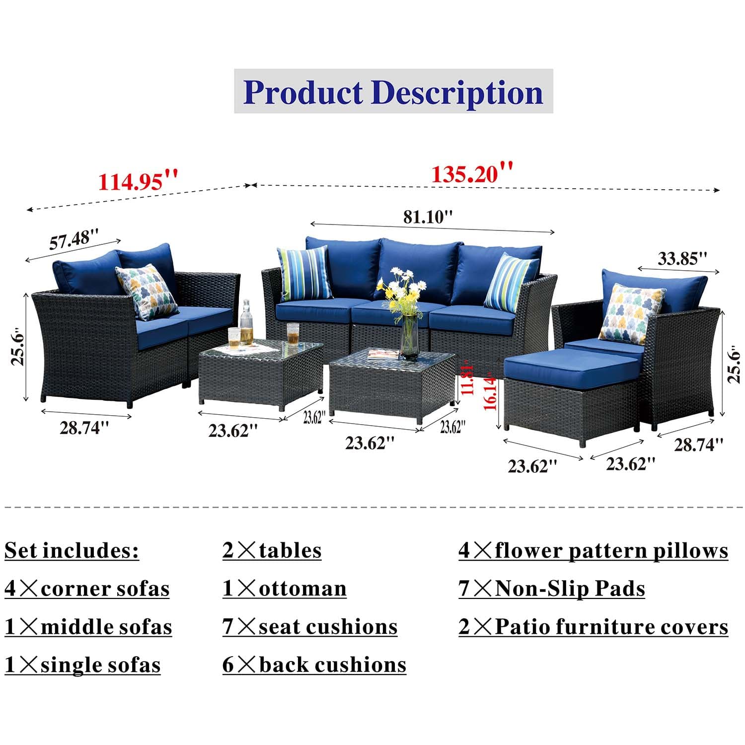 Ovios Patio Conversation Set Rimaru 9-Piece with 4 Pillows, No Assembly Required