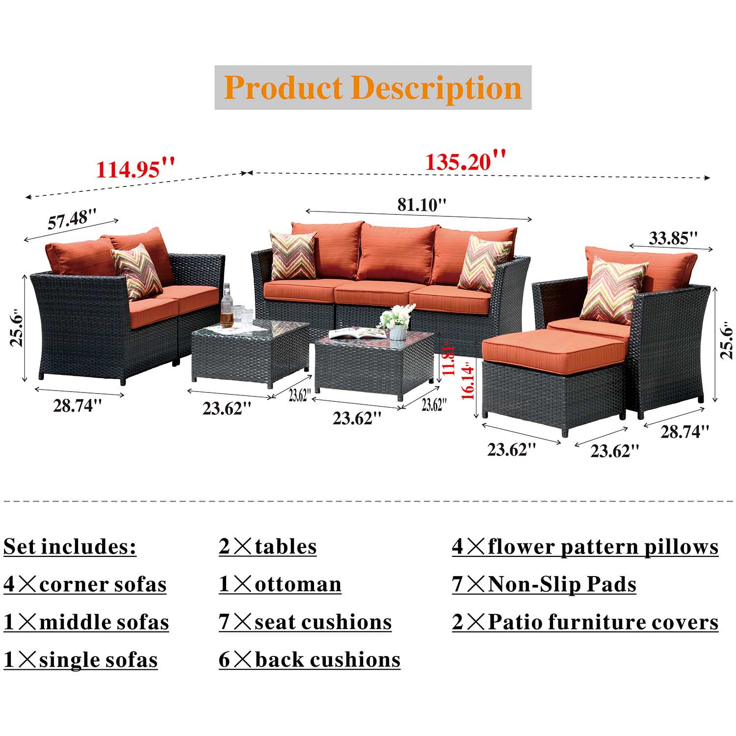 Ovios Patio Conversation Set Rimaru 9-Piece with 4 Pillows, No Assembly Required