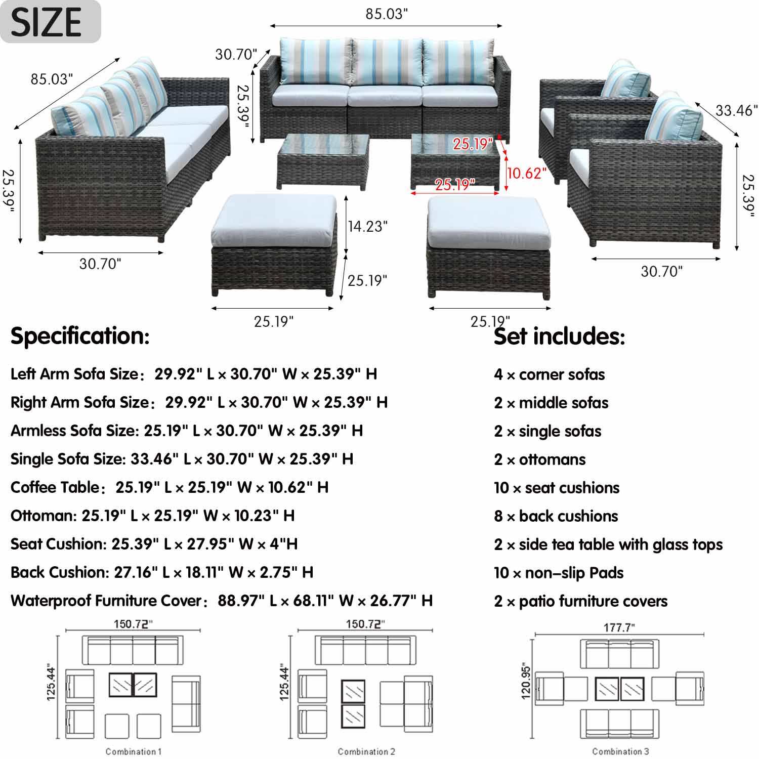 Ovios Patio Furniture Set Bigger Size 12-Piece with Grey Sunbrella, King Series, No Assembly Required