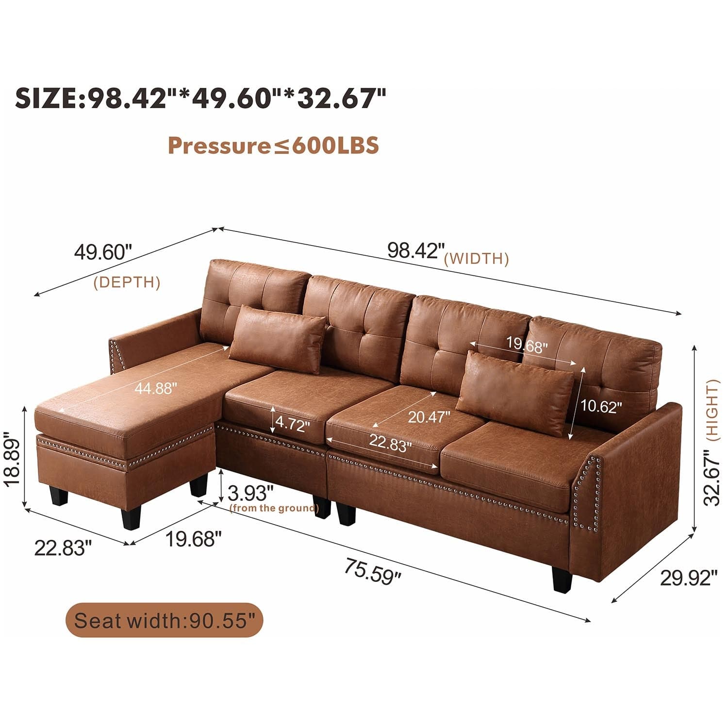 Ovios Living Room 98.42" Wide Flared Arm Suede Fabric or Leathair L Shaped Sofa with Ottoman-Light Brown