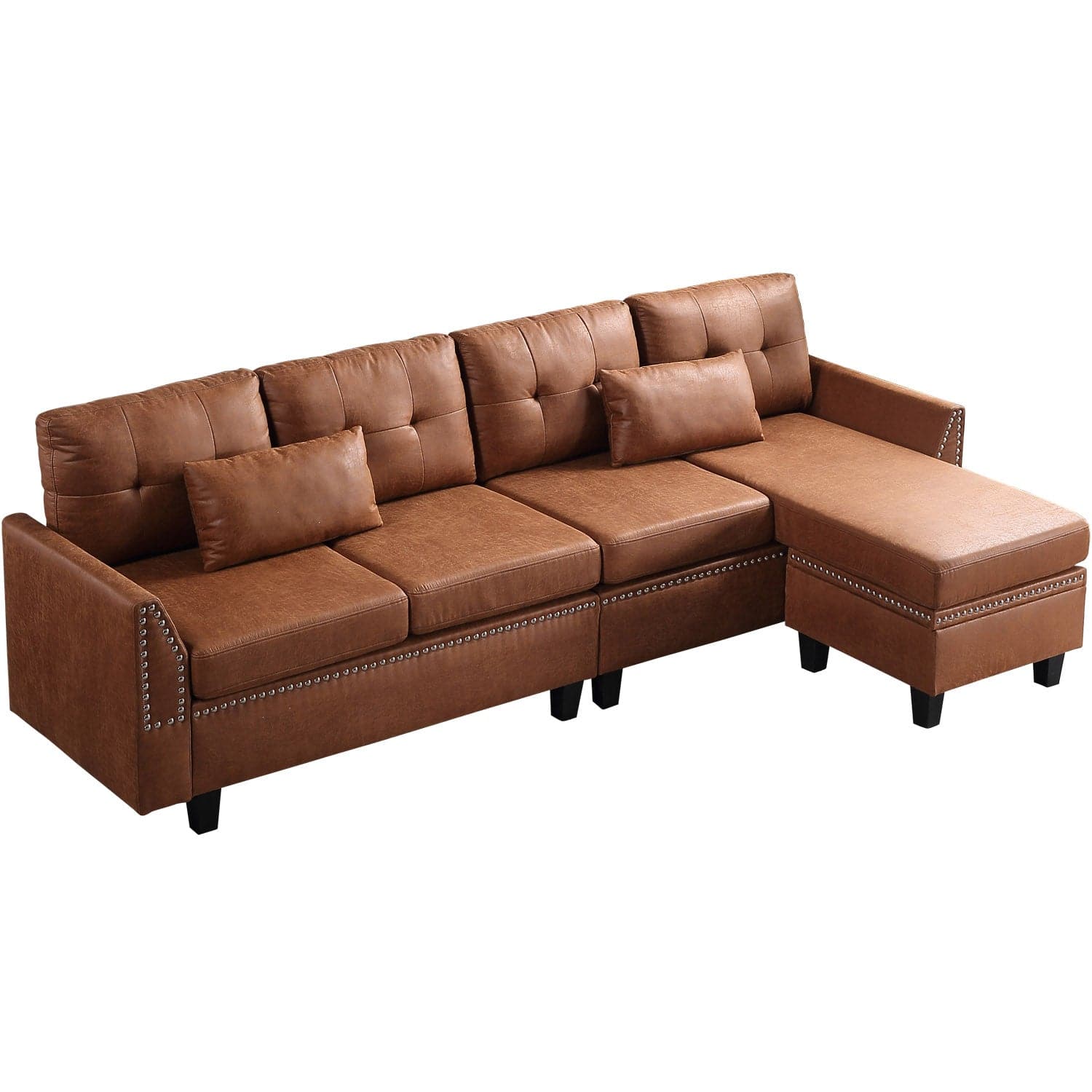 Ovios Living Room 98.42" Wide Flared Arm Suede Fabric or Leathair L Shaped Sofa with Ottoman-Light Brown