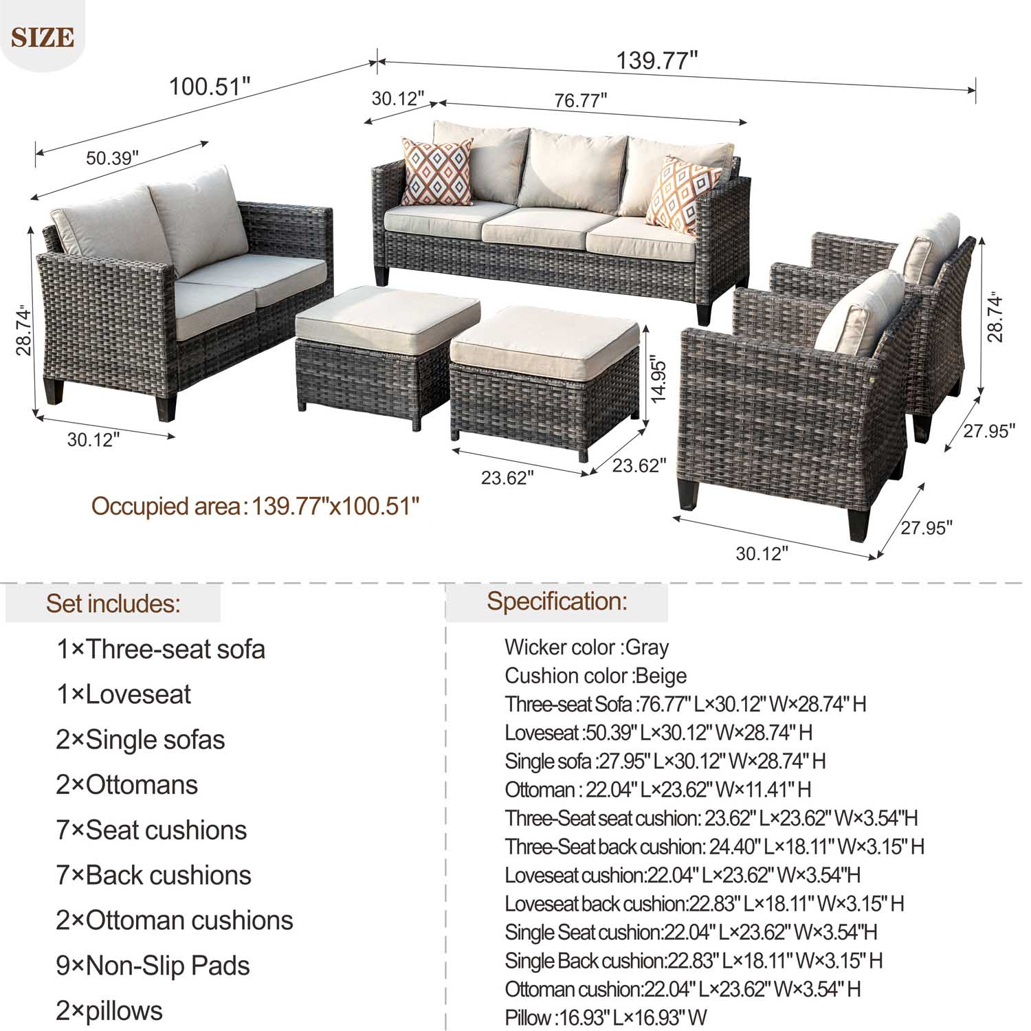 Ovios Patio Furniture Set New Vultros 7-Person High Back Sectional Sofa with Cushions