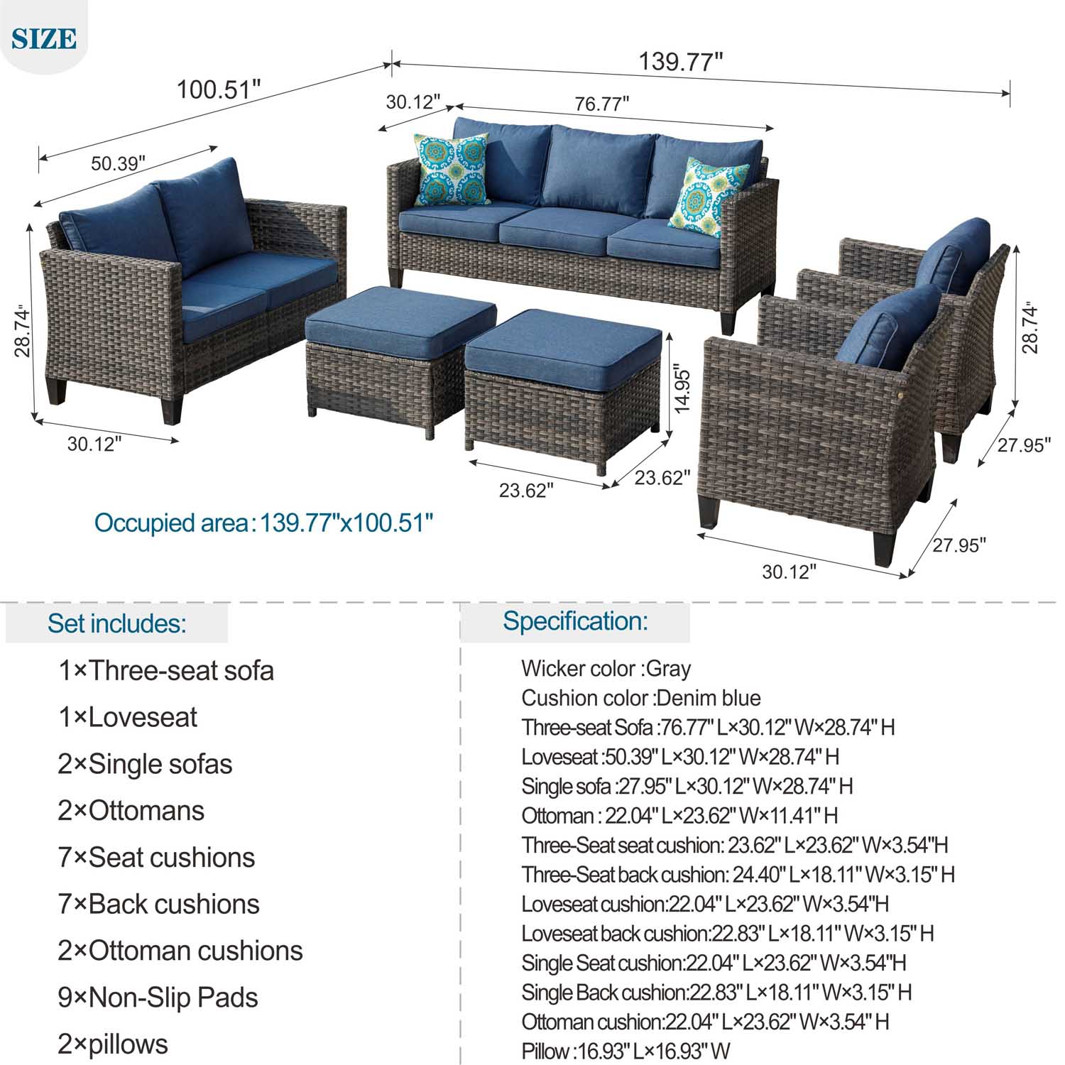 Ovios Patio Furniture Set New Vultros 7-Person High Back Sectional Sofa with Cushions