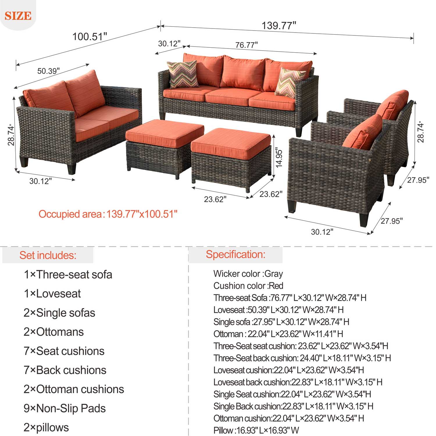 Ovios Patio Furniture Set New Vultros 7-Person High Back Sectional Sofa with Cushions