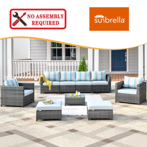 Ovios Outdoor Furniture Bigger Size 9-Piece with Grey Sunbrella, No Assembly Required, King Series, with 2 Chairs