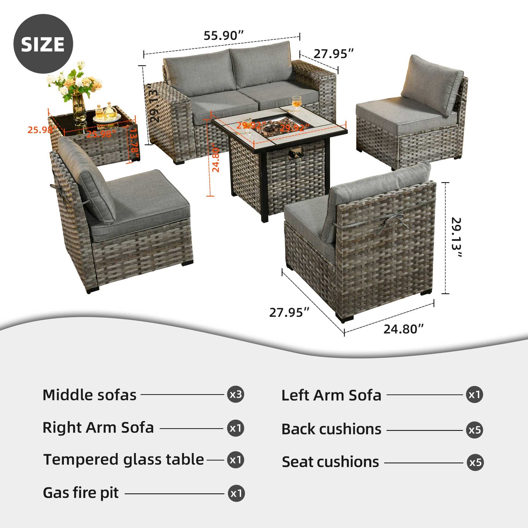 Ovios 7 Pieces Patio Furniture Set with 7.68'' Broad Handrails and 30'' Fire Pit Table