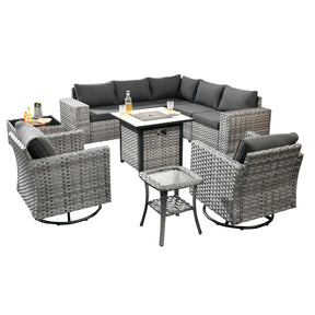 Ovios 10 Pieces Patio Furniture with 7.68'' Handrails and 30'' Fire Pit Table Rocking Chair