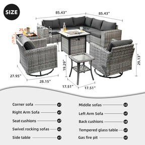 Ovios 10 Pieces Patio Furniture with 7.68'' Handrails and 30'' Fire Pit Table Rocking Chair