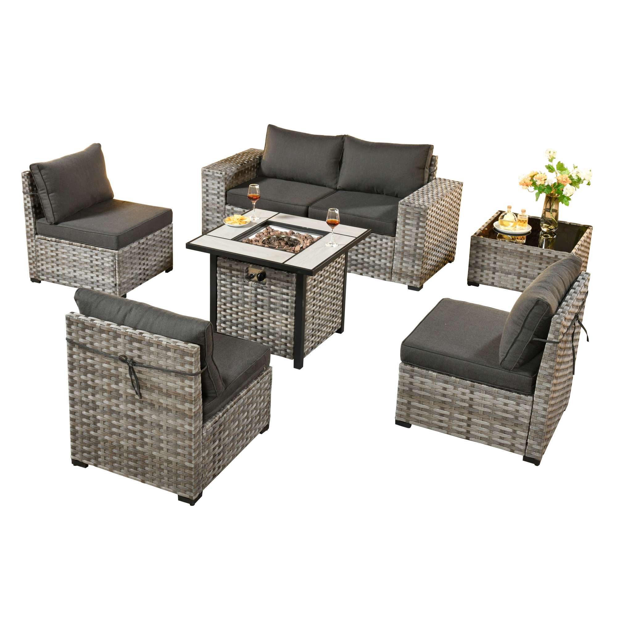 Ovios 7 Pieces Patio Furniture Set with 7.68'' Broad Handrails and 30'' Fire Pit Table