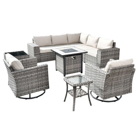 Ovios 10 Pieces Patio Furniture with 7.68'' Handrails and 30'' Fire Pit Table Rocking Chair
