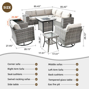 Ovios 10 Pieces Patio Furniture with 7.68'' Handrails and 30'' Fire Pit Table Rocking Chair