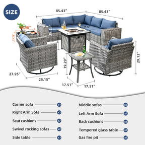 Ovios 10 Pieces Patio Furniture with 7.68'' Handrails and 30'' Fire Pit Table Rocking Chair