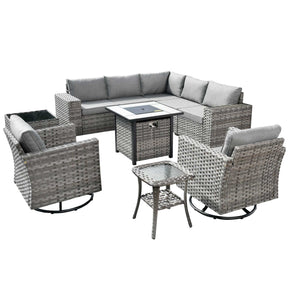 Ovios 10 Pieces Patio Furniture with 7.68'' Handrails and 30'' Fire Pit Table Rocking Chair