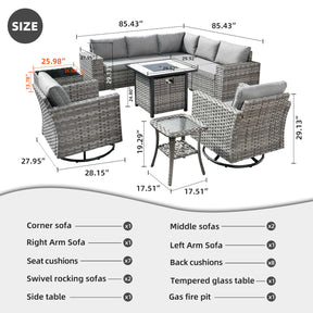 Ovios 10 Pieces Patio Furniture with 7.68'' Handrails and 30'' Fire Pit Table Rocking Chair