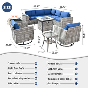 Ovios 10 Pieces Patio Furniture with 7.68'' Handrails and 30'' Fire Pit Table Rocking Chair