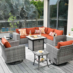 Ovios 10 Pieces Patio Furniture with 7.68'' Handrails and 30'' Fire Pit Table Rocking Chair