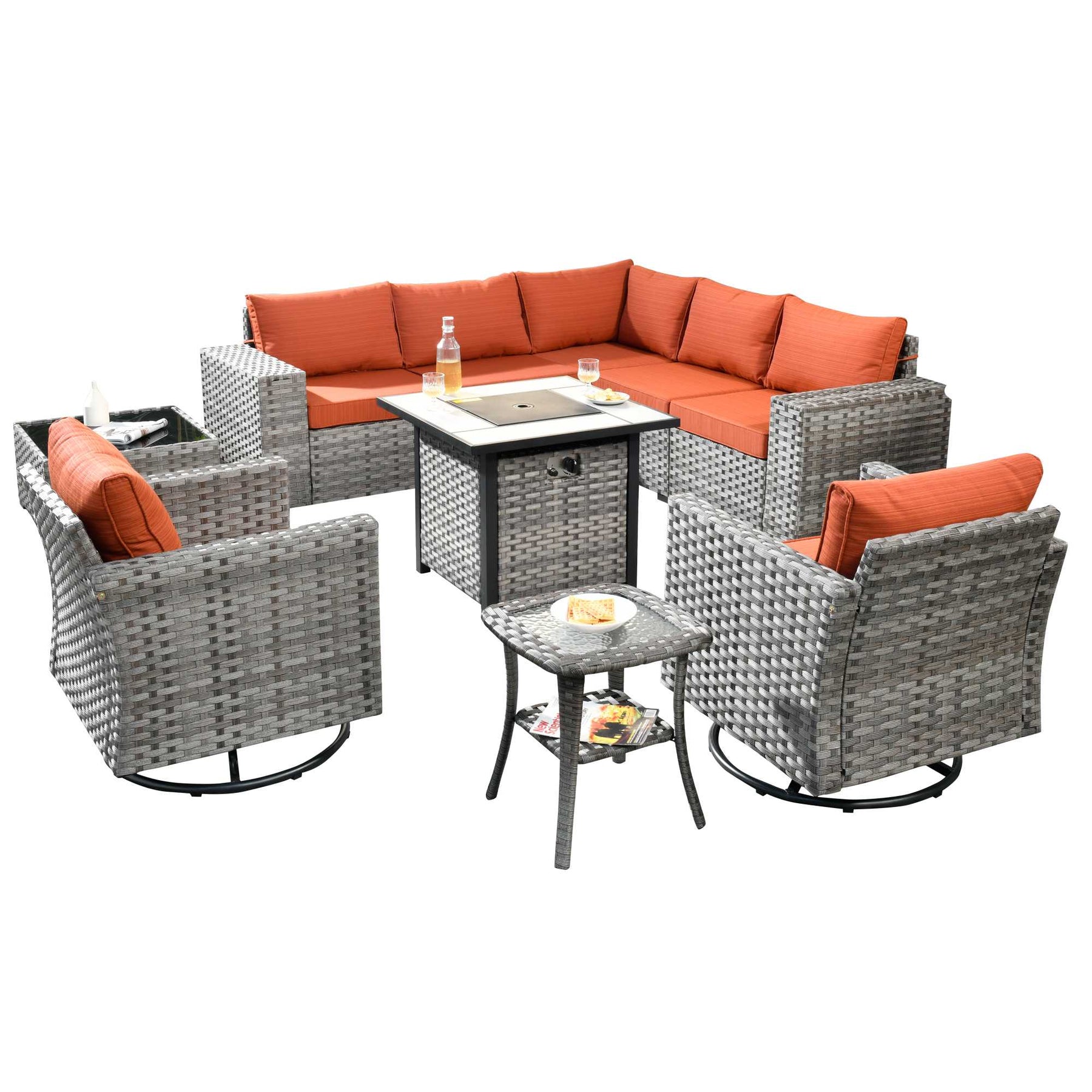 Ovios 10 Pieces Patio Furniture with 7.68'' Handrails and 30'' Fire Pit Table Rocking Chair