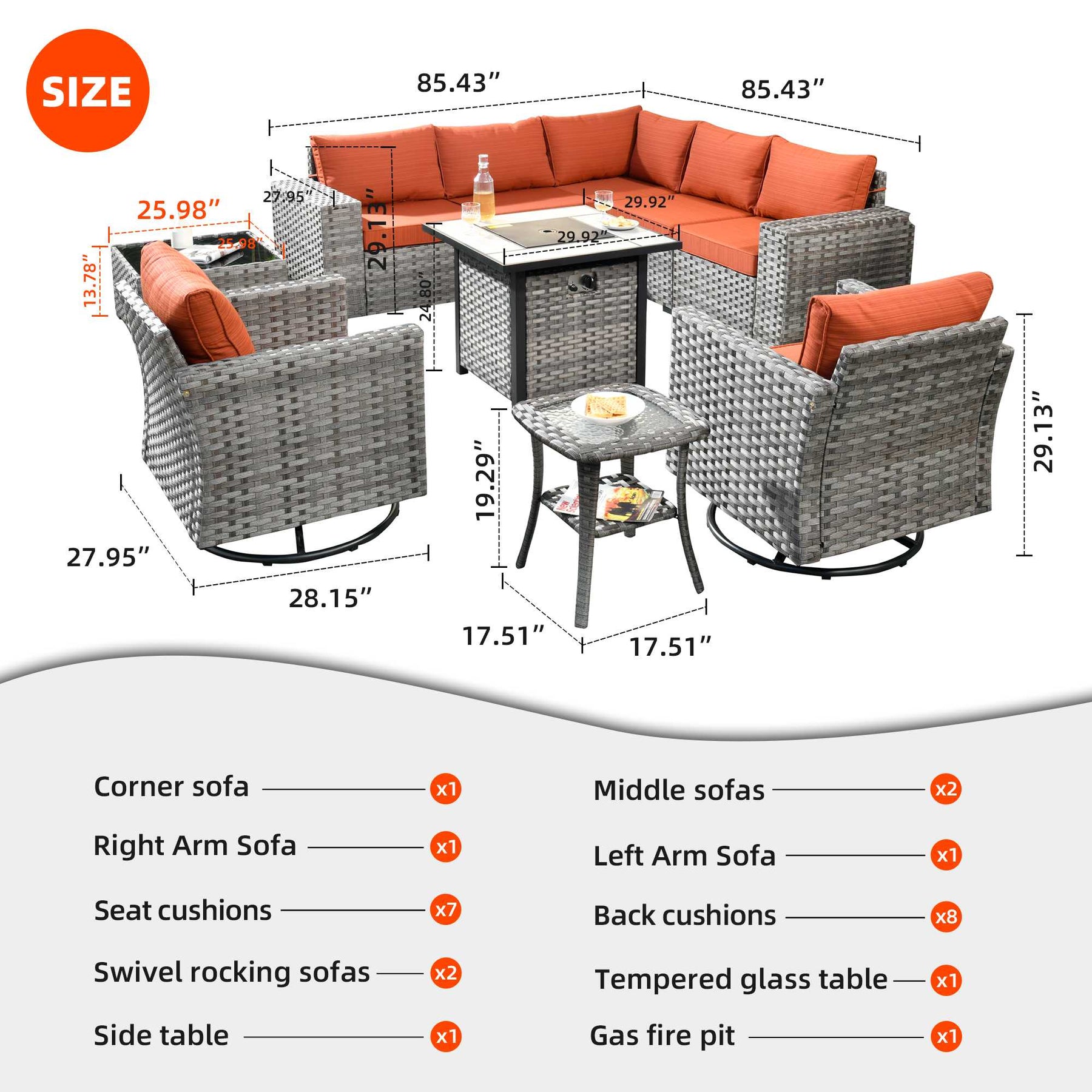 Ovios 10 Pieces Patio Furniture with 7.68'' Handrails and 30'' Fire Pit Table Rocking Chair