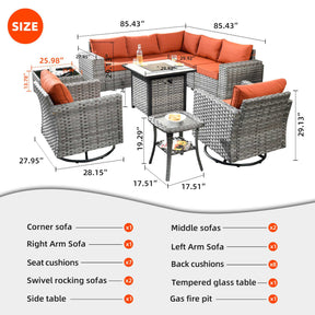 Ovios 10 Pieces Patio Furniture with 7.68'' Handrails and 30'' Fire Pit Table Rocking Chair