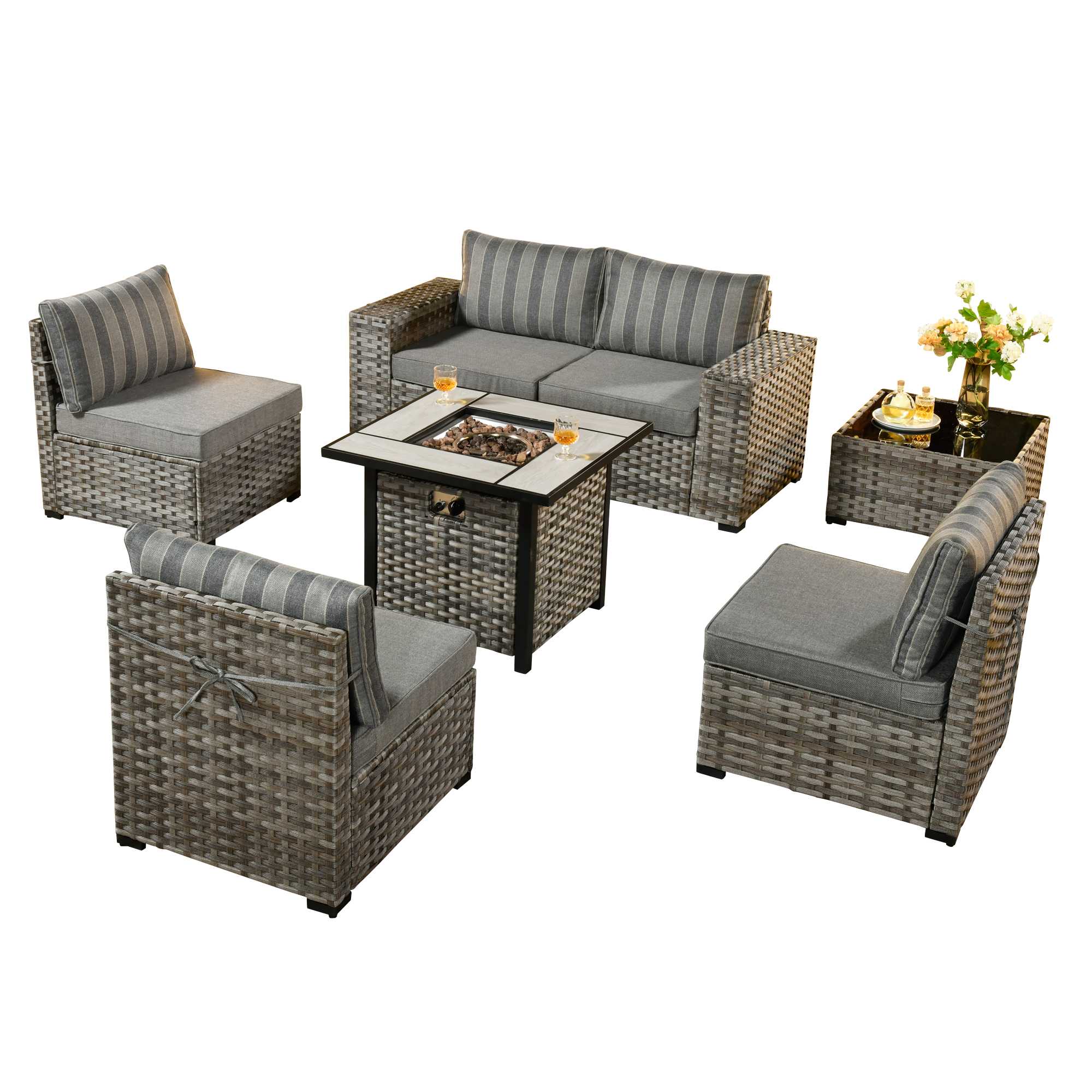 Ovios 7 Pieces Patio Furniture Set with 7.68'' Broad Handrails and 30'' Fire Pit Table