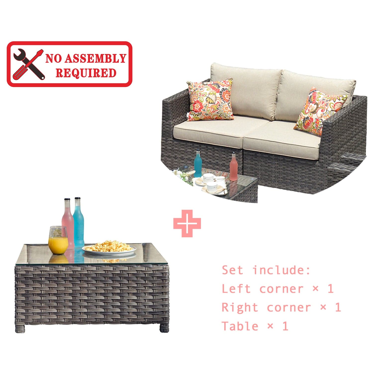 Ovios Patio Furniture Set Bigger Size 3-Piece Couch with Table, King Series, No Assembly Required