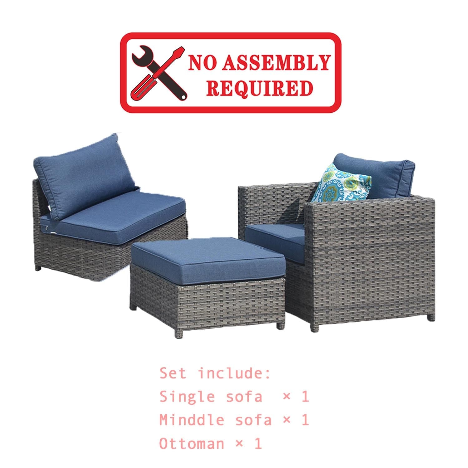 Ovios Outdoor Furniture 3-Piece Patio Chair with Ottoman, King Series, No Assemble Required